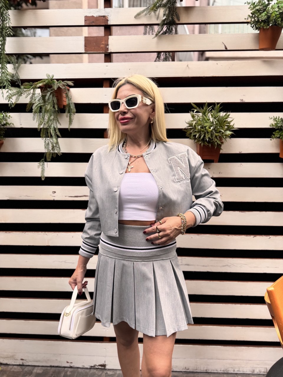Gri bomber ceket mini etek takım