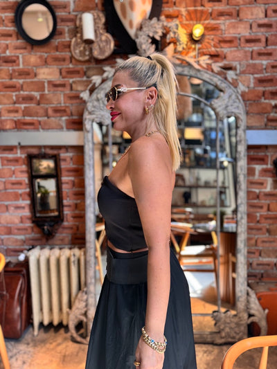 Siyah straplez dore düğmeli crop