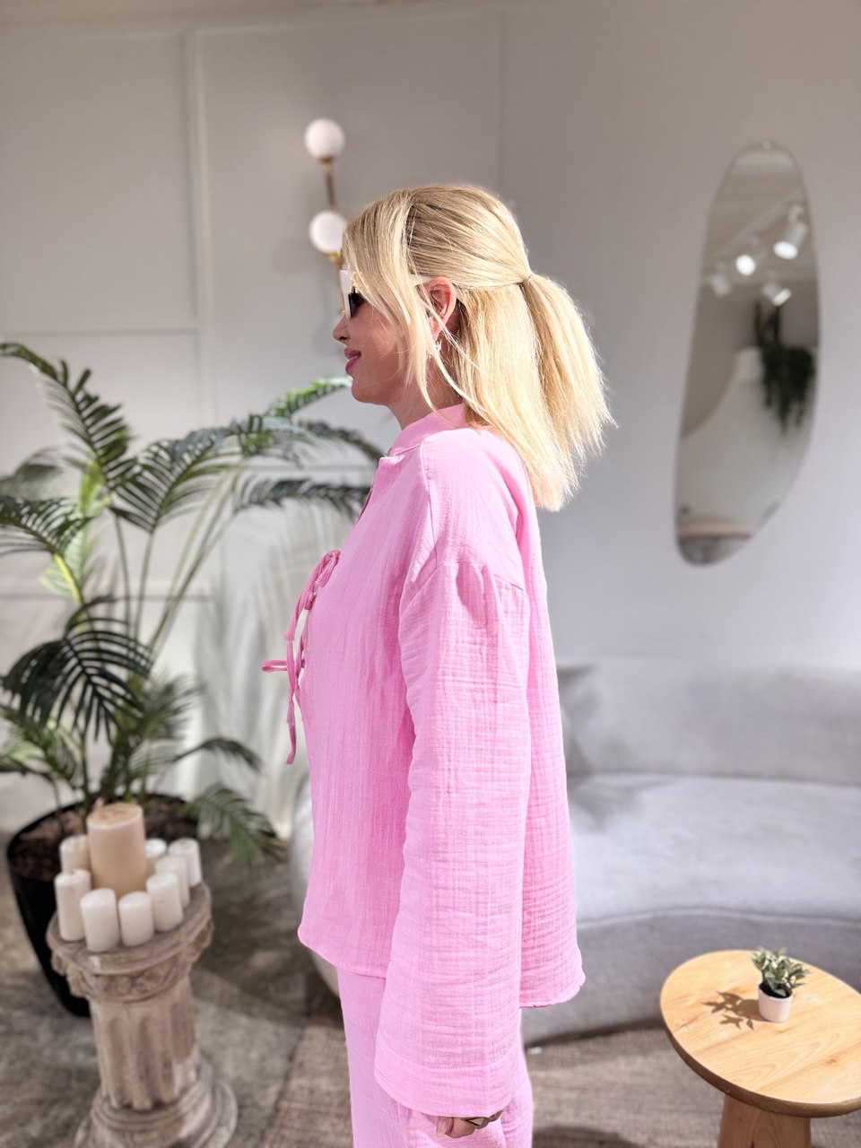 Pembe müslin gömlek pantolon takım