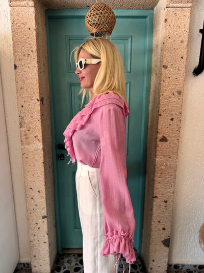 Pembe uzun kollu fırfırlı bluz