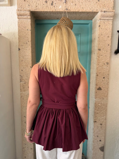 Bordo kruvaze kemer detaylı bluz