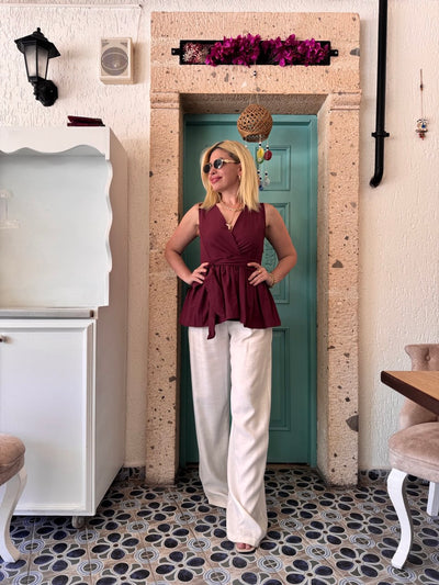 Bordo kruvaze kemer detaylı bluz