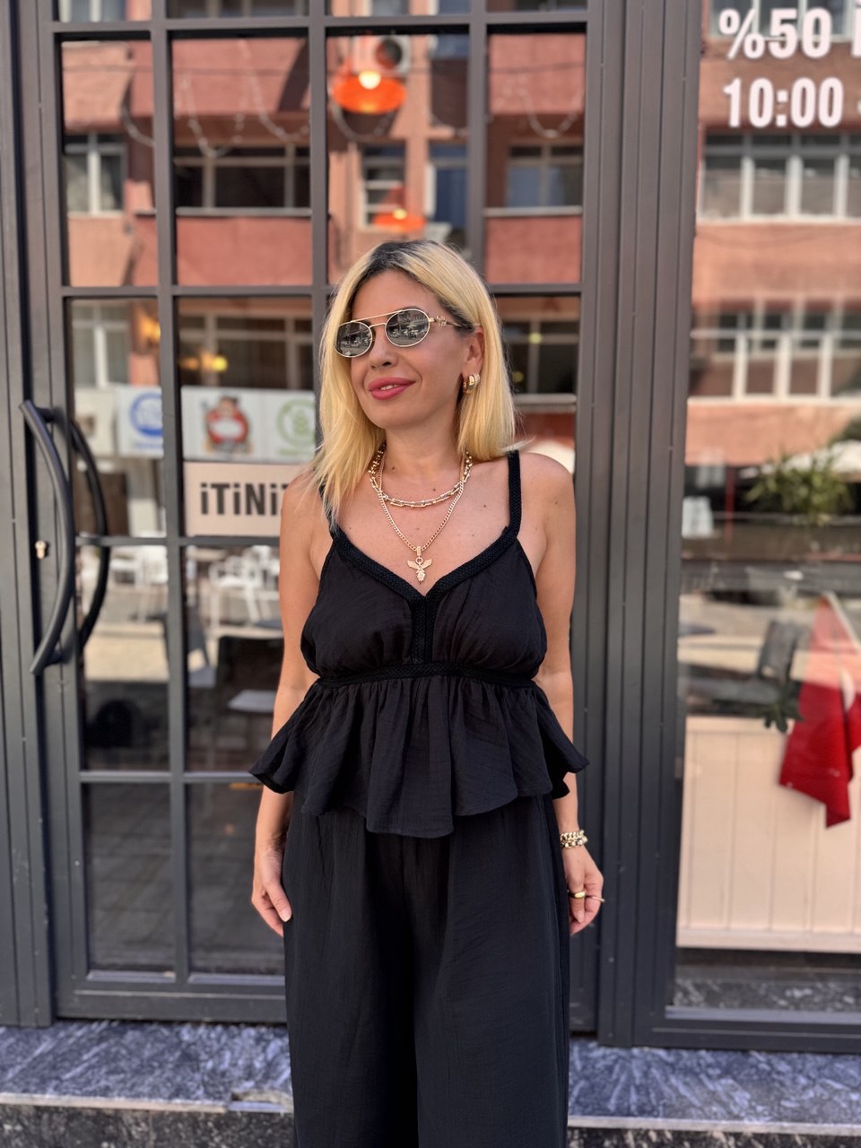 Siyah keten bluz pantolon takım
