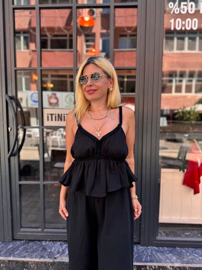 Siyah keten bluz pantolon takım
