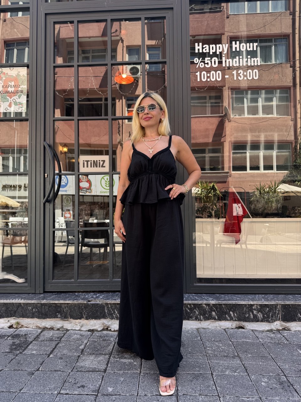 Siyah keten bluz pantolon takım