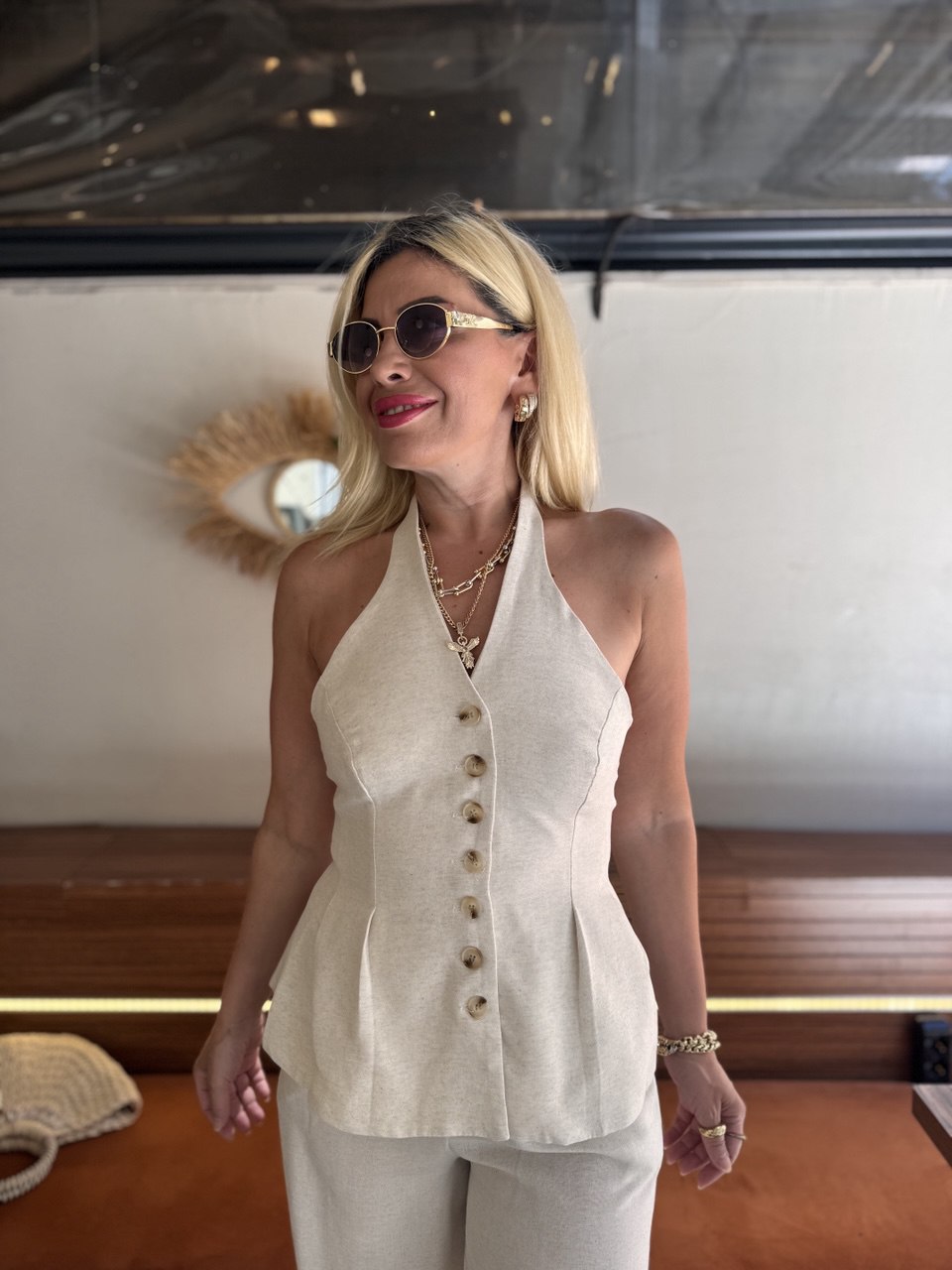 Vizon keten bluz pantolon takım