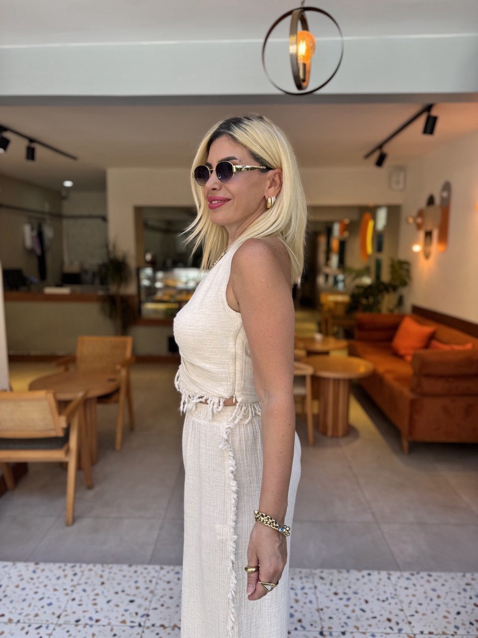 Vizon müslin kumaş bluz pantolon takım