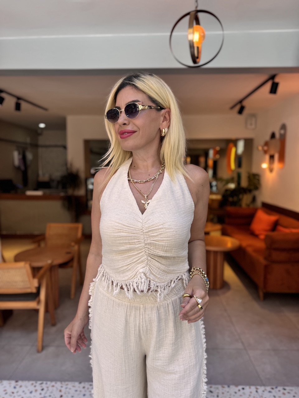 Vizon müslin kumaş bluz pantolon takım