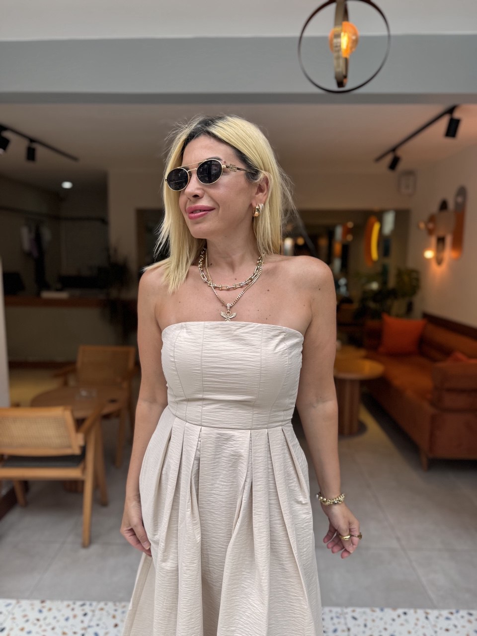 Vizon straplez uzun elbise