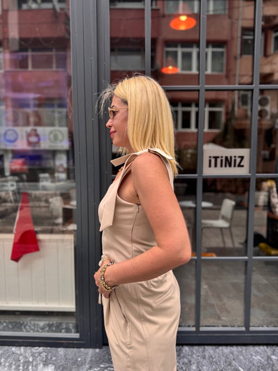 Vizon omuz fiyonk detaylı bluz pantolon takım