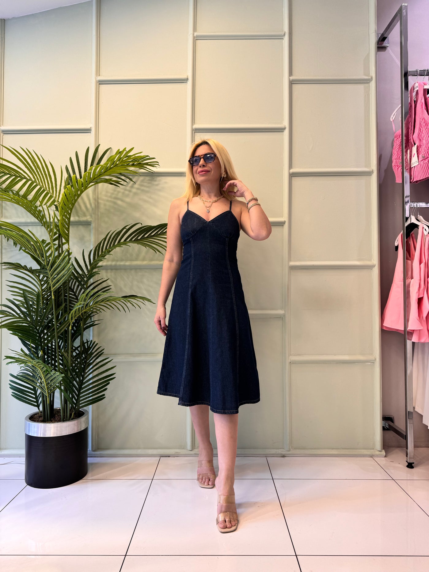 Lacivert jeans midi boy elbise