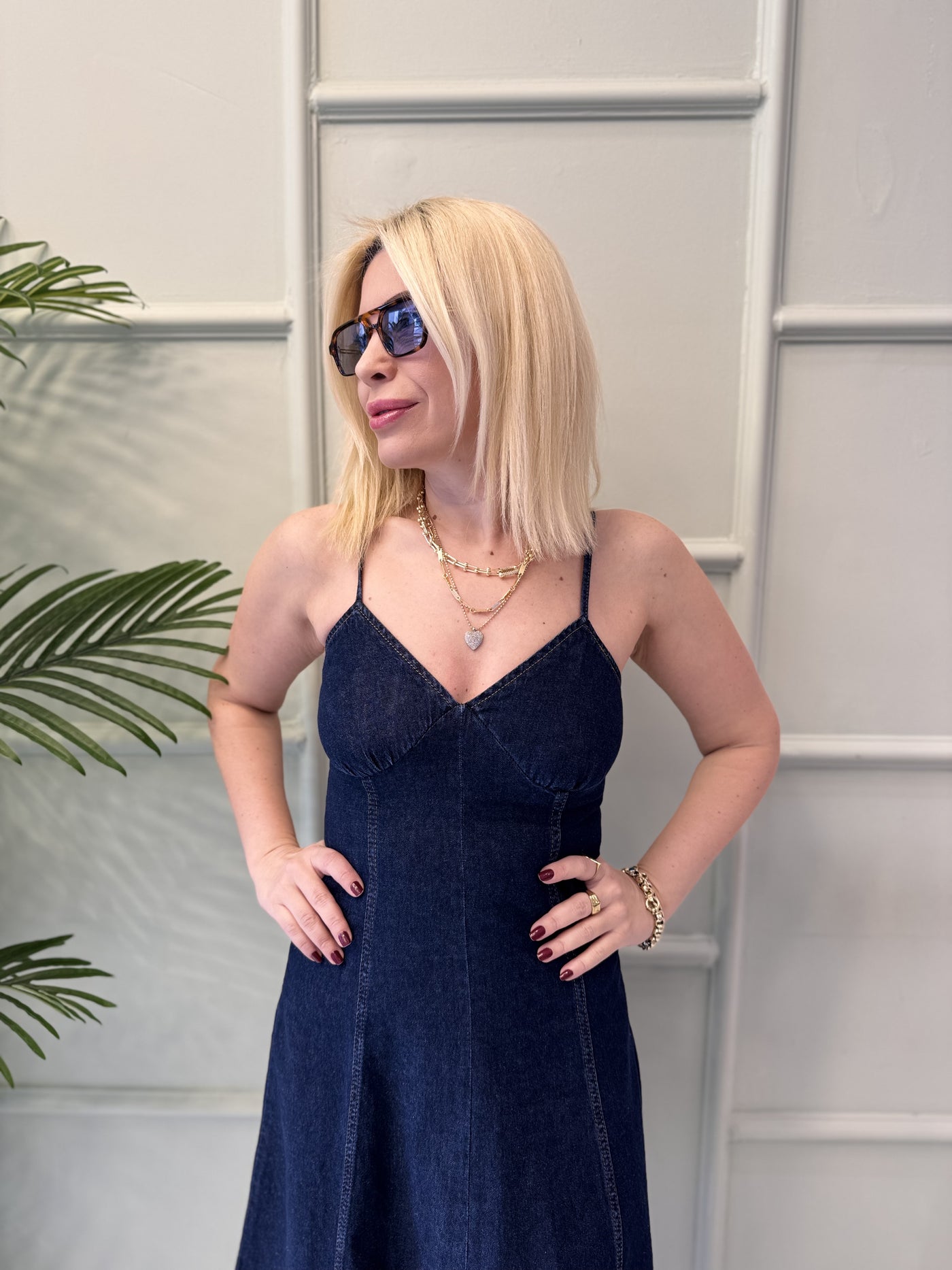 Lacivert jeans midi boy elbise