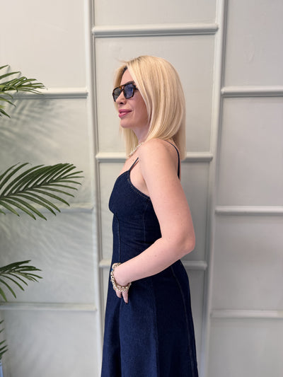 Lacivert jeans midi boy elbise