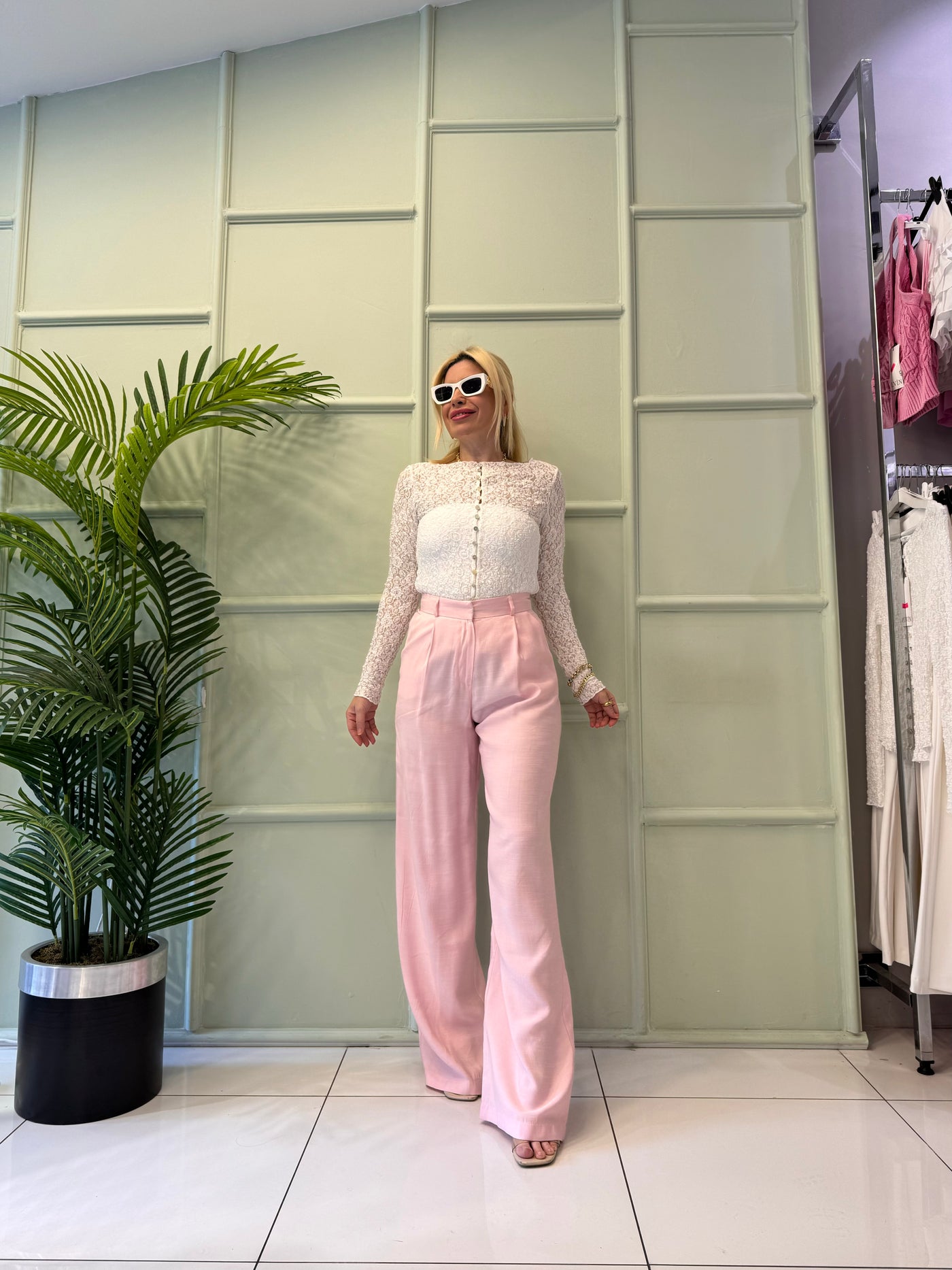 Pembe yüksek bel palazzo pantolon
