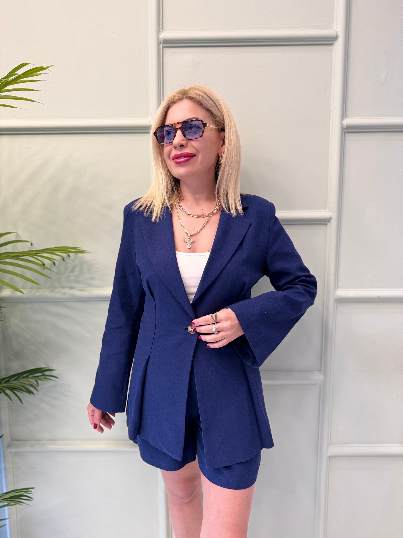Lacivert keten şort ceket takım