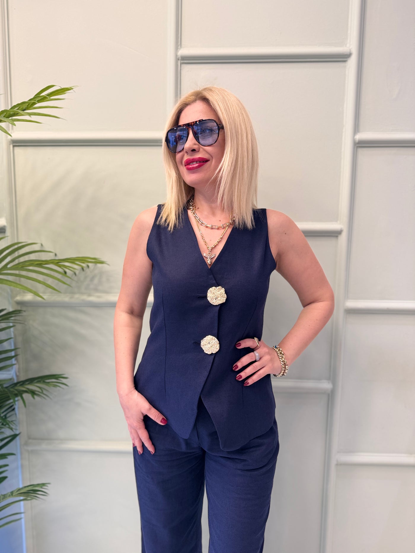 Lacivert dore düğmeli keten takım