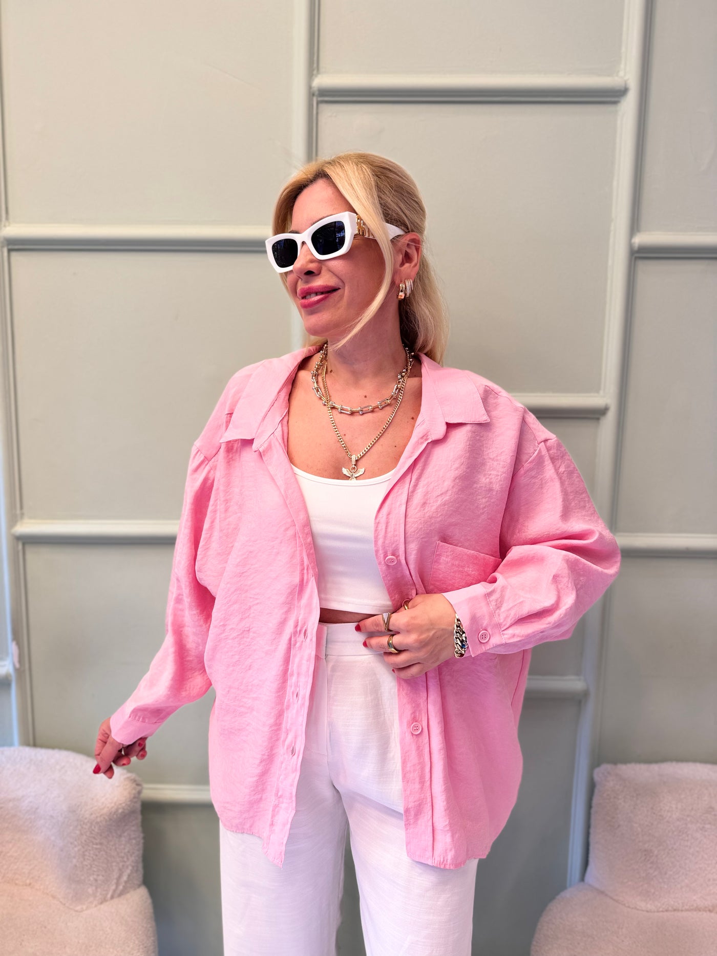 Pembe oversize tensel gömlek