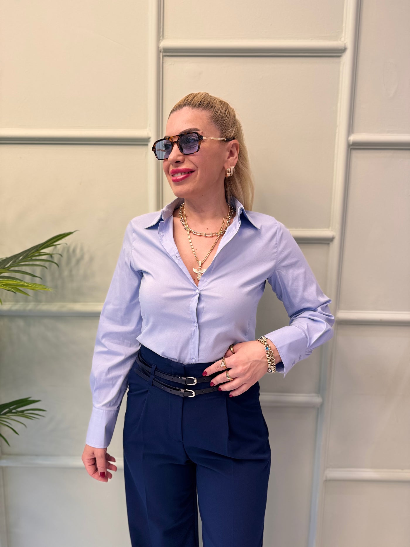 Lacivert yüksek bel çift kemerli palazzo pantolon